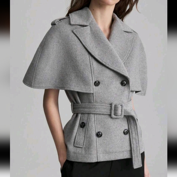 Women Gray Jacket Winter Coat,Color Block Double-Breasted Cape Fitted Long Coat - Picture 3 of 5